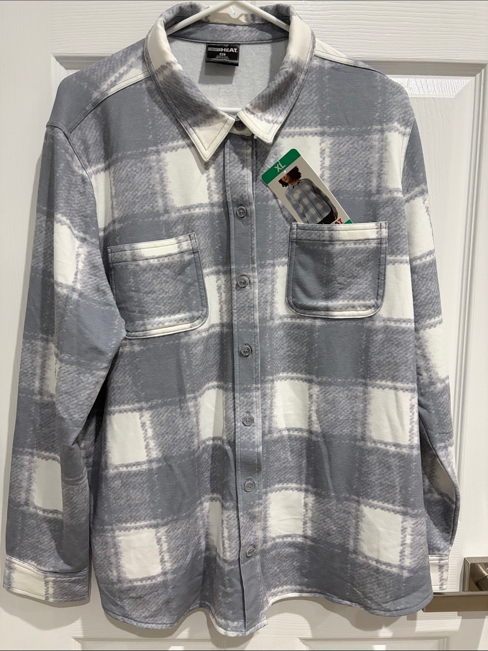 32 Degrees Women’s Button-Up Shirt, White & Gray Plaid Print, XL, NWT